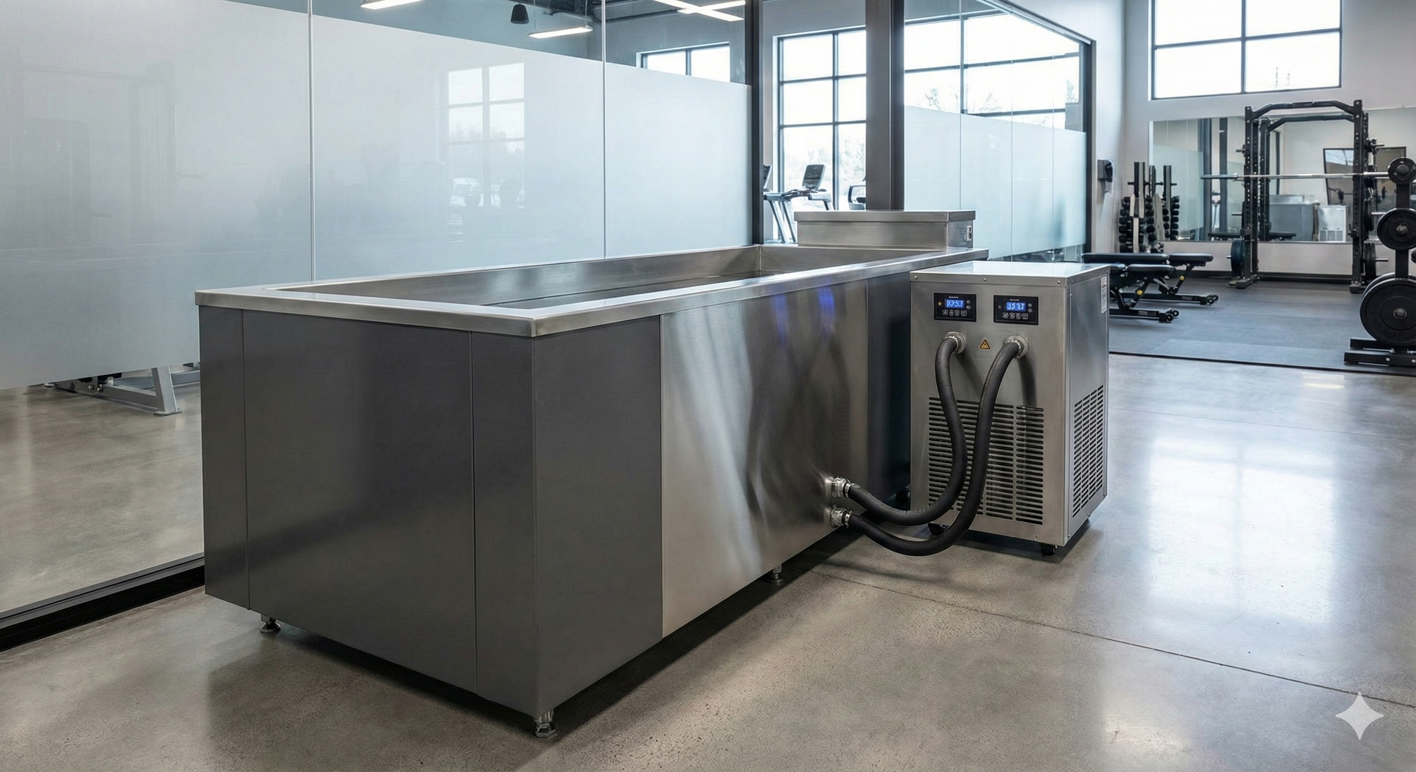 High throughput commercial ice bath system for gym recovery use