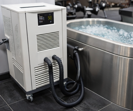 commercial cold plunge tub connected to a water chiller system